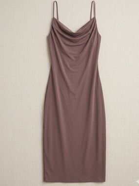 Zara Brown Taupe Flute Midi Dress Satin Cowl Neck Spaghetti Straps Medium